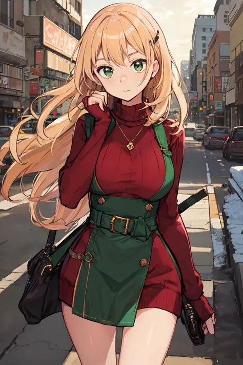 anime girl in red and green outfit walking down the street