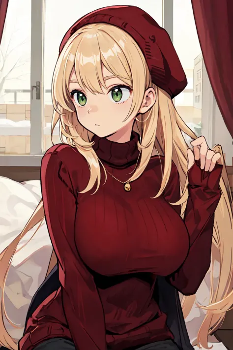 anime girl with long blonde hair sitting on a bed