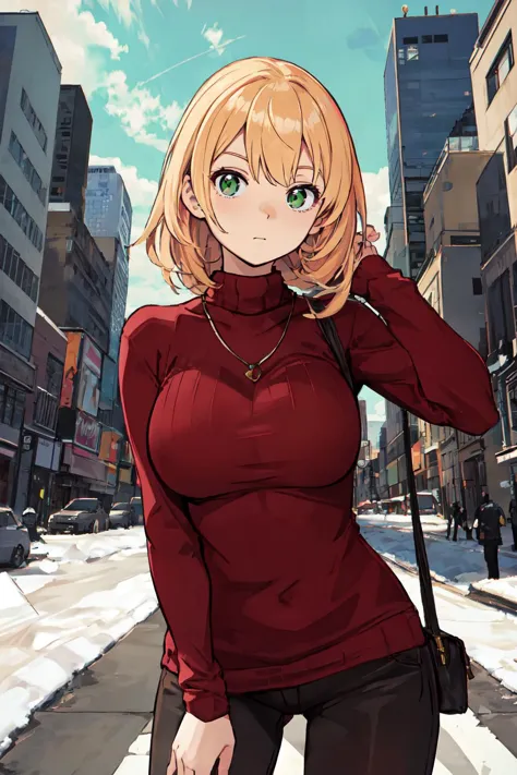 best quality, 1girl, highres, px4storm \(winter\),
red sweater, blonde hair, green eyes, 
masterpiece, absurdres, colorful, brig...