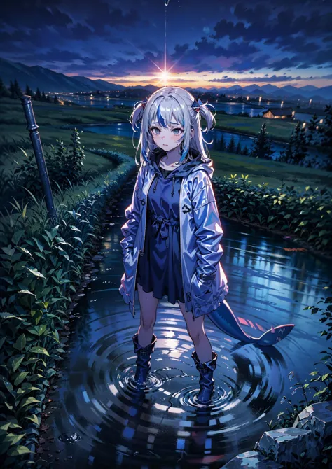 gawr gura, digital painting, portrayal of cute girl in the wilderness_storm, young and cute, (majestic masterpiece, best quality, intricate detail, ultra-highres:1.2), hands on hips, looking up, raining, (full body:1.1), (photorealistic:1.2), at night, dra...