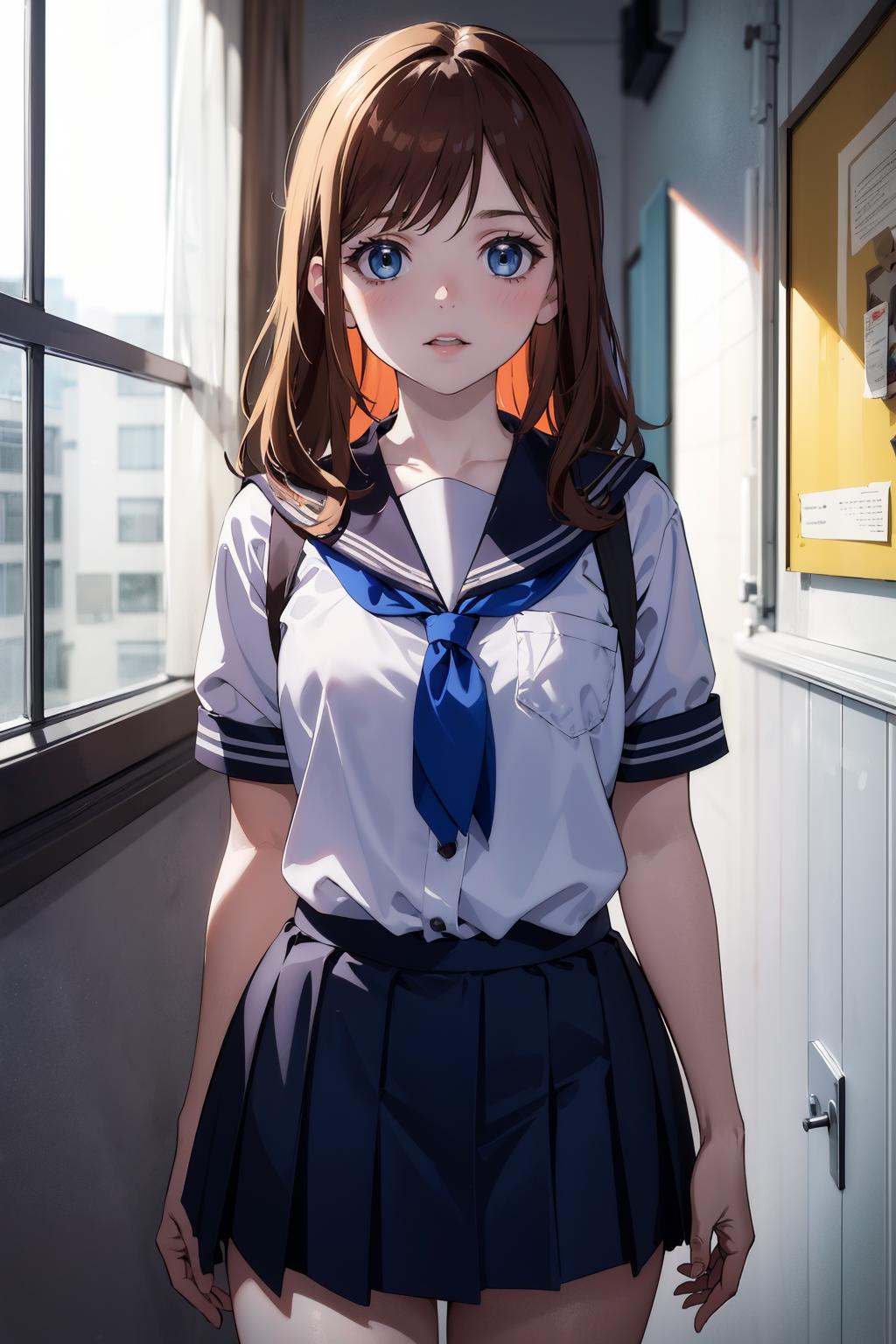 Anime girl in uniform standing in a hallway with a window - SeaArt AI