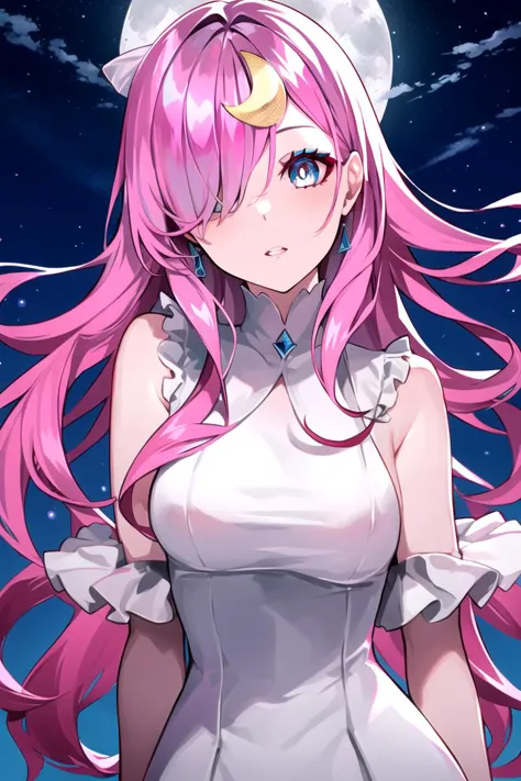 lam \(ramdayo\), 1girl, white dress, night, moon, hair ornament, hair over one eye, looking at viewer, parted lips, blue eyes, pink hair, sky, solo, upper body, ((masterpiece)) <lora:lam__ramdayo__offset:1>,