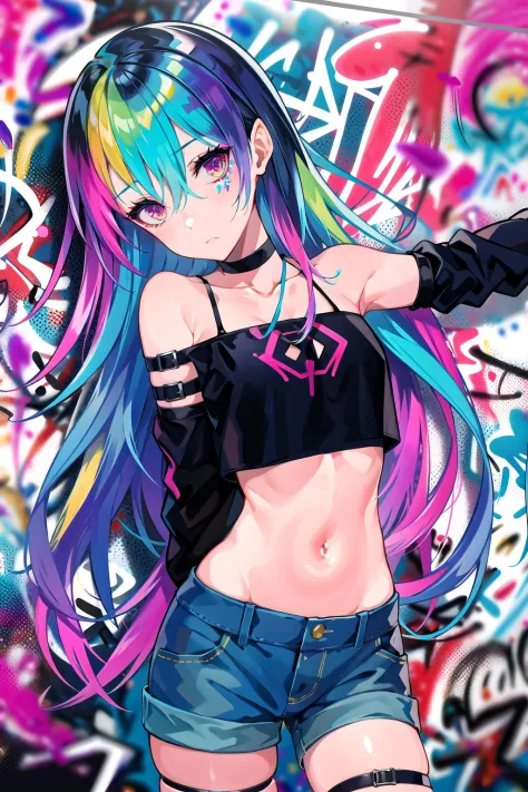 absurdres, best quality,1girl, solo, streaked hair, crop top, denim shorts, choker, (graffiti:1.25),  paint splatter, arms behind back, (slouching), leaning back, against wall, (leaning to the side:0.125), looking at viewer, armband, thigh strap, rainbow hair, paint on body, upturned eyes, head down, head tilt, (from side:1), (expressionless:0.75),  lam \(ramdayo\),  diffraction spikes,