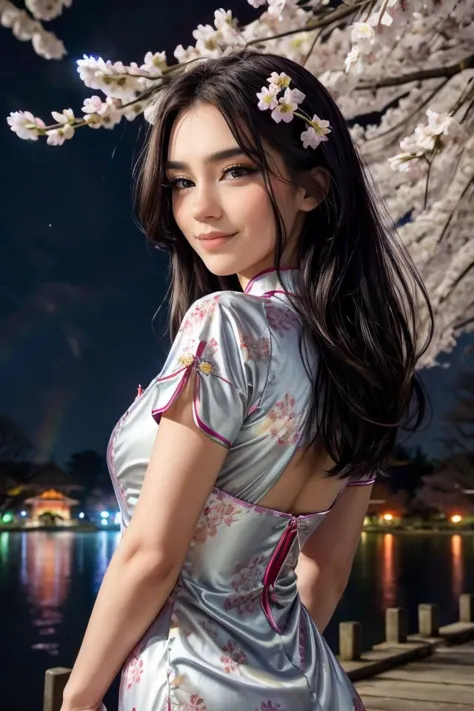 wearing a Cheongsam, (rainbow) trim, shiny silk, floral design, looking at viewer, smirk, happy, medium shot, standing, outside, lake, night torii, high quality, masterpiece, (sakura trees, cherry blossom), (paper lanterns, lunar new year), better_oppai, <lora:PerfectFullBreasts-fCV3.5:1.0>, <lora:more_details:0.8>, <lora:GoodHands-beta2:0.8>,   <lora:Aviva Sofia:0.8> Aviva Sofia