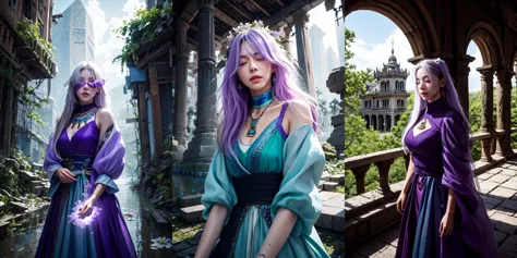 three women in purple and blue dresses standing in a courtyard