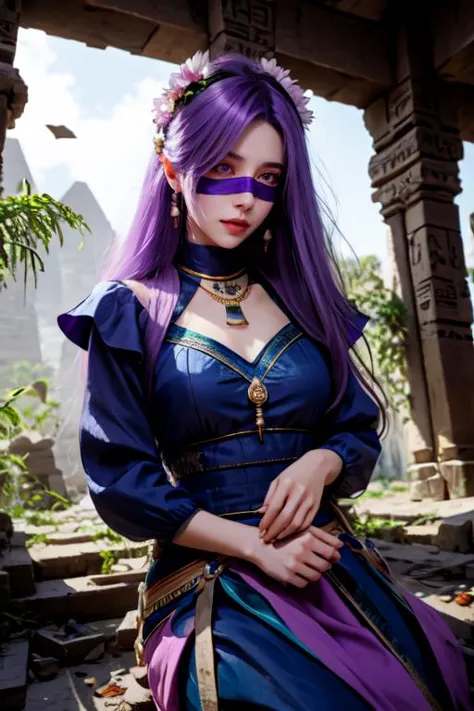 a woman with purple hair and a purple dress posing for a picture