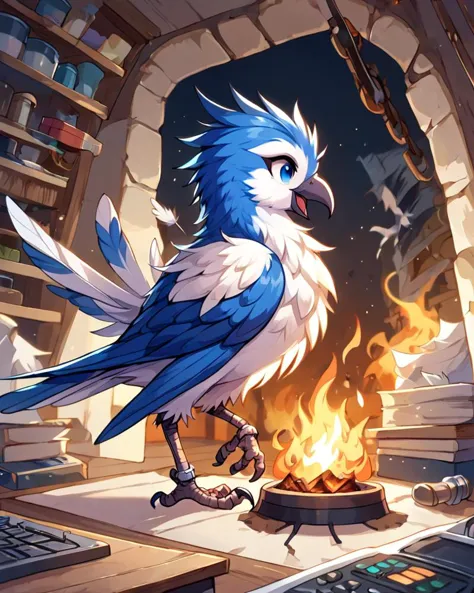 score_9, score_8_up, 1girl, masterpiece, <lora:MegaFeatheryPony_r1:1.1> megafeatherypony, feathers, feathery, bird,,white feathers,open mouth,foundry,welding tool,feral,fire,metal,solo,white body,bird,pelecaniform,noisy naranja,feathers,beak,claws,blue body,avian feet,welding goggles,inside,welding,avian,blue feathers,molten metal,blue \(computerheron\),male,heron,welding torch