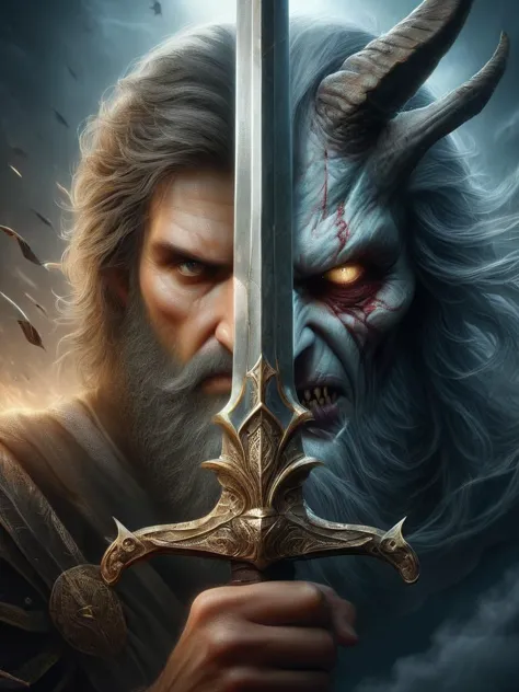 a man with a sword and a demon face on his face