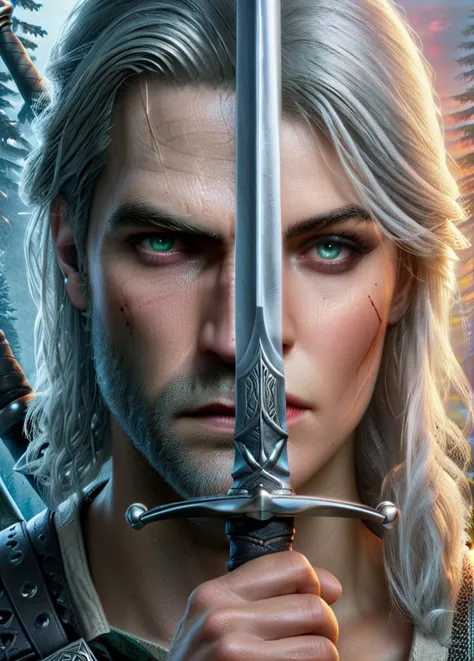 Epic movie poster, closeup face portrait of Geralt the Witcher holding a sword in front of face, (half of the face is Geralt the...