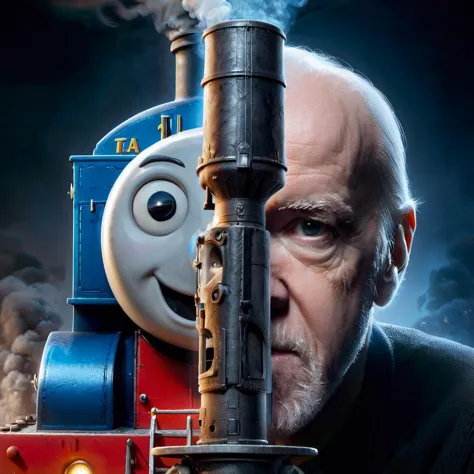 Epic movie poster, closeup face portrait of (George Carlin) a smoke stack in front of face, (half of the face is Thomas the Tank...
