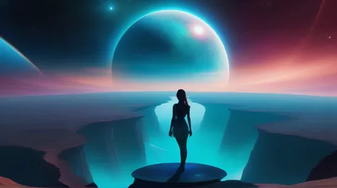 a woman standing on a rock looking at a planet