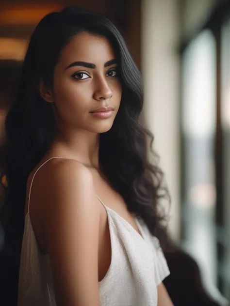 a close up of a woman with long hair and a white top