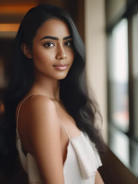 a woman with long black hair and a white dress posing for a picture