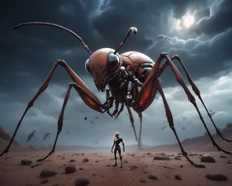 cyborg full body ant, (human:1.5), alien planet with flying alien insects , dramatic camera angle,  dark alien sky