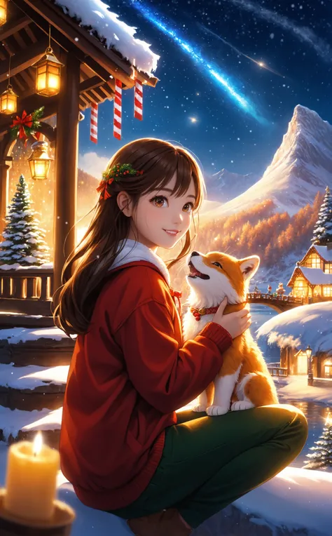 a girl is holding a dog in front of a snowy mountain