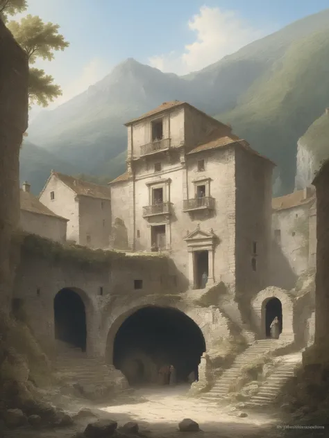 building, art by Hubert Robert, architecture of a Garage, hillside, Arcane hue, idyllic,