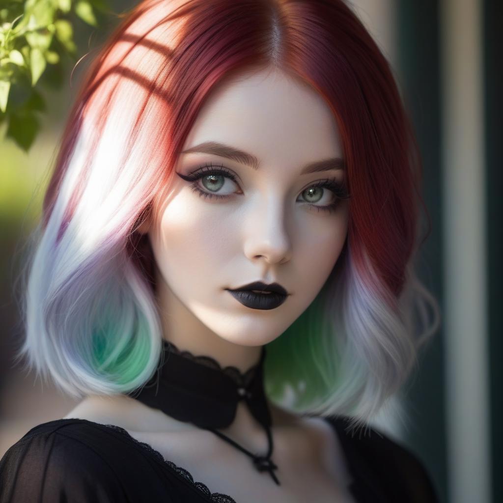 A close up of a woman with a colorful hair and black lipstick - SeaArt AI