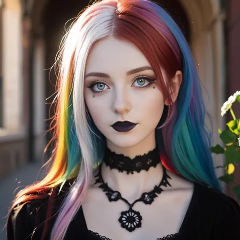 Renaissance style Dark shot, city street, pastel goth, sexy goth girl, photo of cute 24 years old Italian redhead woman, cinemat...
