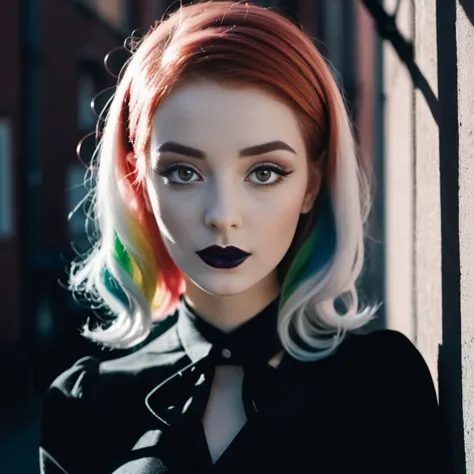 Film noir style Dark shot, city street, pastel goth, sexy goth girl, photo of cute 24 years old Italian redhead woman, cinematic...