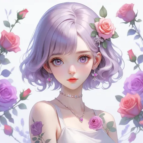 AGG,Joi,anime gorgeous girl, no bangs or bangs of hair, 1 girl, rose accessories, looking at the audience, head portrait, aurelia, colorful tattoo on the clavicle,lavender hair,tattoo