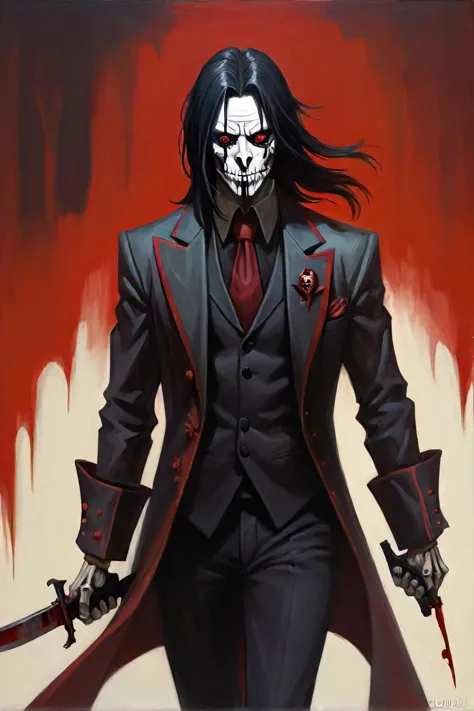 peinture d'un homme en costume avec un couteau et un masque, inspiré par Ben Templesmith, Style déshonoré, un bouffon de cour ressemblant à Naruto, Johnny Silvermain, squelette en costume, un vieux politicien en méchant d'anime, Style Gerald Brom, Johan Liebert mélangé à un homme adulte, Long cheveux noirs, vampire, manteau rouge, Présence mystérieuse et puissante, inspiré par Jason Teraoka, portrait d'une star de film d'action, Homme aux longs cheveux noirs, pistolets, inspiré par l’Art de Brom