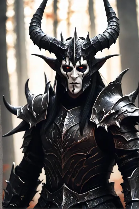 a close up of a person in a horned costume in a forest, portrait of daemons, daedric armor, epic fantasy game art, wearing daedr...