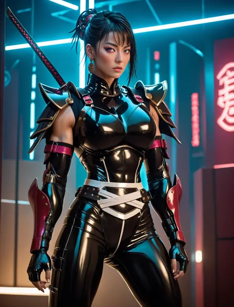 cinematic still Cyberpunk Samurai Female Renaissance, sci-fi aesthetic, traditional japanese motives on armor, Surrealism, vibrant colors, emotional, muscular body, huge breasts, athletic and strong body, slender build, skin-tight latex outfit, sleek, dangerous, troublemaker, muscular arms, 6-pack abs, slim waist, midshot . emotional, harmonious, vignette, 4k epic detailed, shot on kodak, 35mm photo, sharp focus, high budget, cinemascope, moody, epic, gorgeous, film grain, grainy, (masterpiece), (best quality), (ultra-detailed), Cyberpunk Samurai Female Renaissance, sci-fi aesthetic, traditional japanese motives on armor, Surrealism, vibrant colors, emotional, muscular body, huge breasts, athletic and strong body, slender build, skin-tight latex outfit, sleek, dangerous, troublemaker, muscular arms, 6-pack abs, slim waist, midshot, illustration, disheveled hair, detailed eyes, perfect composition, moist skin, intricate details, earrings, by wlop, Cyberpunk Samurai Female Renaissance, sci-fi aesthetic, traditional japanese motives on armor, Surrealism, vibrant colors, emotional, muscular body, huge breasts, athletic and strong body, slender build, skin-tight latex outfit, sleek, dangerous, troublemaker, muscular arms, 6-pack abs, slim waist, midshot, highly detailed, cinematic composition