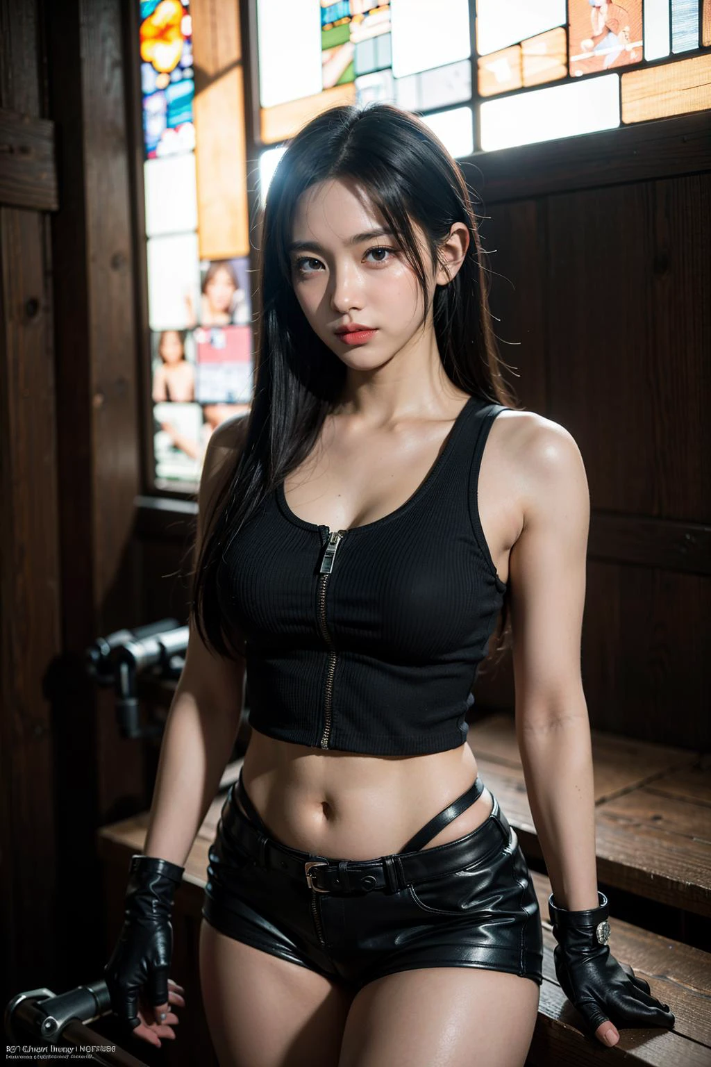(8k, RAW photo, best quality, masterpiece:1.2), (realistic, photo realistic:1.3), UHD, high detail RAW color photo, extremely detailed CG unity 8k wallpaper,  sharp focus, (realistic skin), perfect anatomy, (cinematic lighting),
BREAK
(1woman), (Tifa), black tank top, zipper, black shorts, black gloves, navel, looking at viewer, church, smile, chiaroscuro shading, stained glass, (In the highly detailed Stable Diffusion art style, intricately portray the beautiful appearance and attire of Tifa, the female protagonist from Final Fantasy VII. Capture every nuance of her delicate features, the intricate design of her clothing, and the overall elegance, showcasing Tifa in a profoundly detailed and stunning Stable Diffusion visual style.), standing, (thighs)