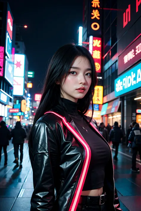 neon_outlines, Striking art model, elegant, cyberpunk, geometric,  futuristic elements, mysterious aura, sci-fi, long hair, dyna...