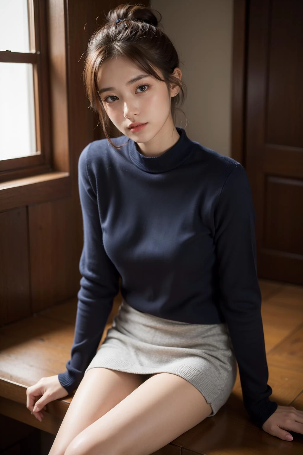 1girl, slim face, sharp blue eyes, brunette, hair in bun, thin:1.3,  body, wearing light knit sweater, high dark colored short skirt, hands on lap, looking at viewer, (eye level shot, cowboy shot),
BREAK
(best quality:1.3, masterpiece:1.3), (realistic, photo realistic:1.2), highres, UHD, 8k, (realistic skin, Detailed shiny skin), (normal expression, perfect anatomy),