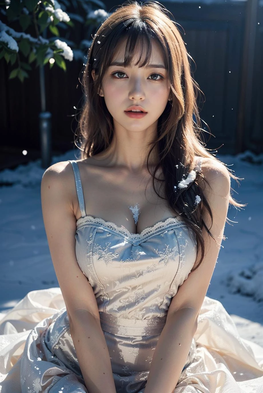 (photo:1.2), (photorealistic:1.4), best quality, masterpiece, (intricate_details:1.1), best quality,extremely detailed CG unity 8k wallpaper, ultra-detailed,detailed eyes and face, beautiful delicate glossy lips:0.8, (upper body:1.5), (glossy face and body skin:1.4), ((oily body skin:1.4)), (spotlight, perfect lighting, detailed light, dramatic shadow, ray tracing), (Beautiful background covered with snow:1.4),solo, 1girl, ((thigh:1.4)), bangs, blush, large breasts, ((silver hair, long hair)), looking_at_viewer,  ((Beautiful princess dress with lots of frills and glitter, draped clothes, flower, lace trim))