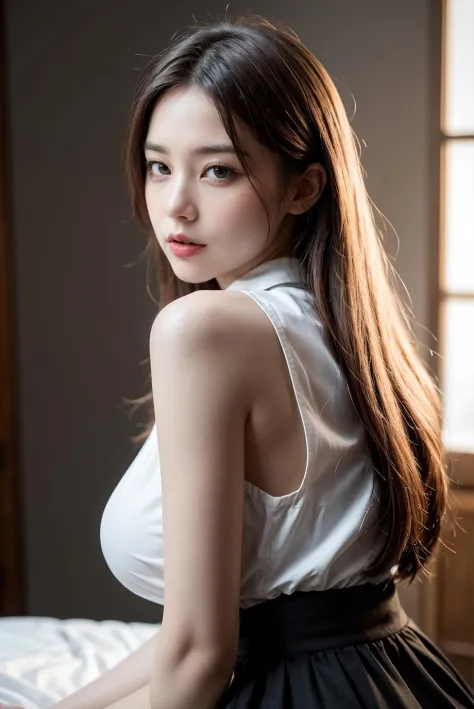 (best quality), (realistic, photo-realistic:1.3), (masterpiece:1.3), CG, unity, 8k, amazing, finely detail, ultra-detailed, highres, absurdres
,sleeveless white button shirt, black skirt, black choker, (1 girls), solo, cute, sexy body, (innocent face), you...