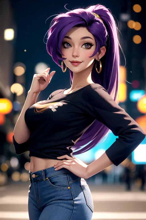 centered, award winning upper body portrait, cowboy shot, (looking at viewer:1.2), | solo, standing, smile, Shantae, harem pants, , tshirt, denim jeans, | city, urban scenery, city lights,| bokeh, depth of field, cinematic composition, |  dynamic pose, <lora:Shantae:0.7>