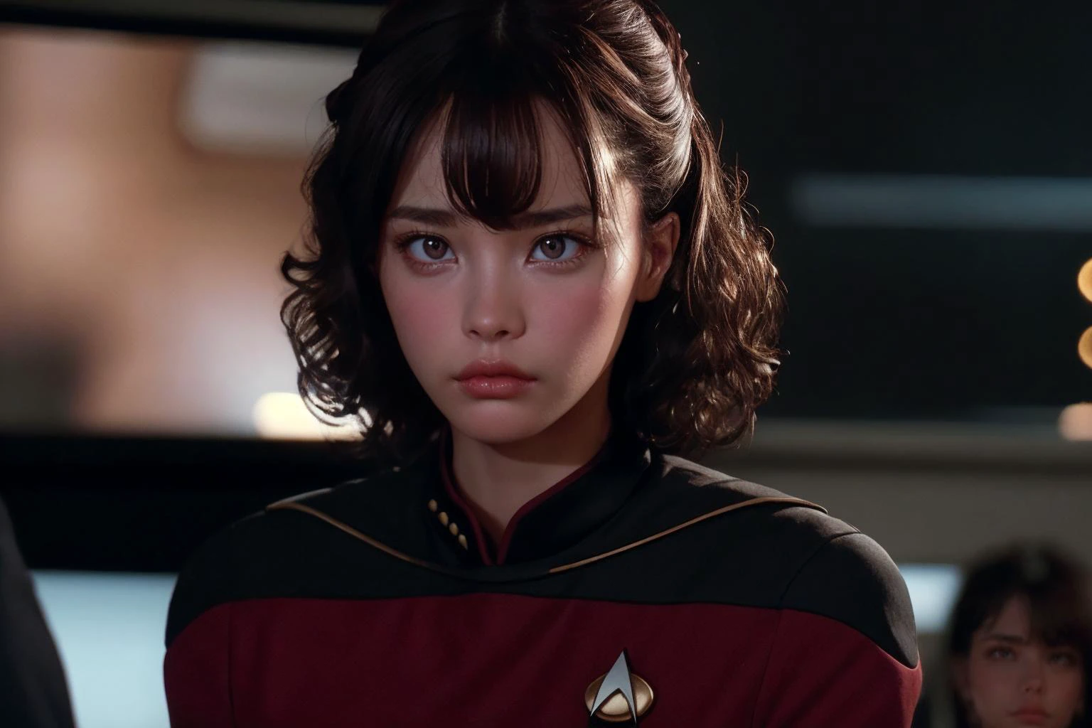 35mm action still frame of young female ensign facing viewer, beautiful girl, perfect face, cute, perfect dark brown eyes, s3stngunf uniform, red and black uniform, determined facial expression, authoritative, (confident woman:1.2), closed mouth, pouty lips, curly hair, teased hair,  star trek enterprise ship interior location, movie still during action sequence, t0talr3call, film screencap, Zeiss Super Speed Lens, medium shot, upper two thirds body view, star trek consoles in the background, (HDR:1.2), (dark:1.2), (moody:1.1), (atmospheric:1.1), (film grain, high contrast, depth of field, (bokeh:1.3), ultra high res:1.1),(absurdres, intricate, photorealistic, masterpiece, ultra-detailed:1.1),  