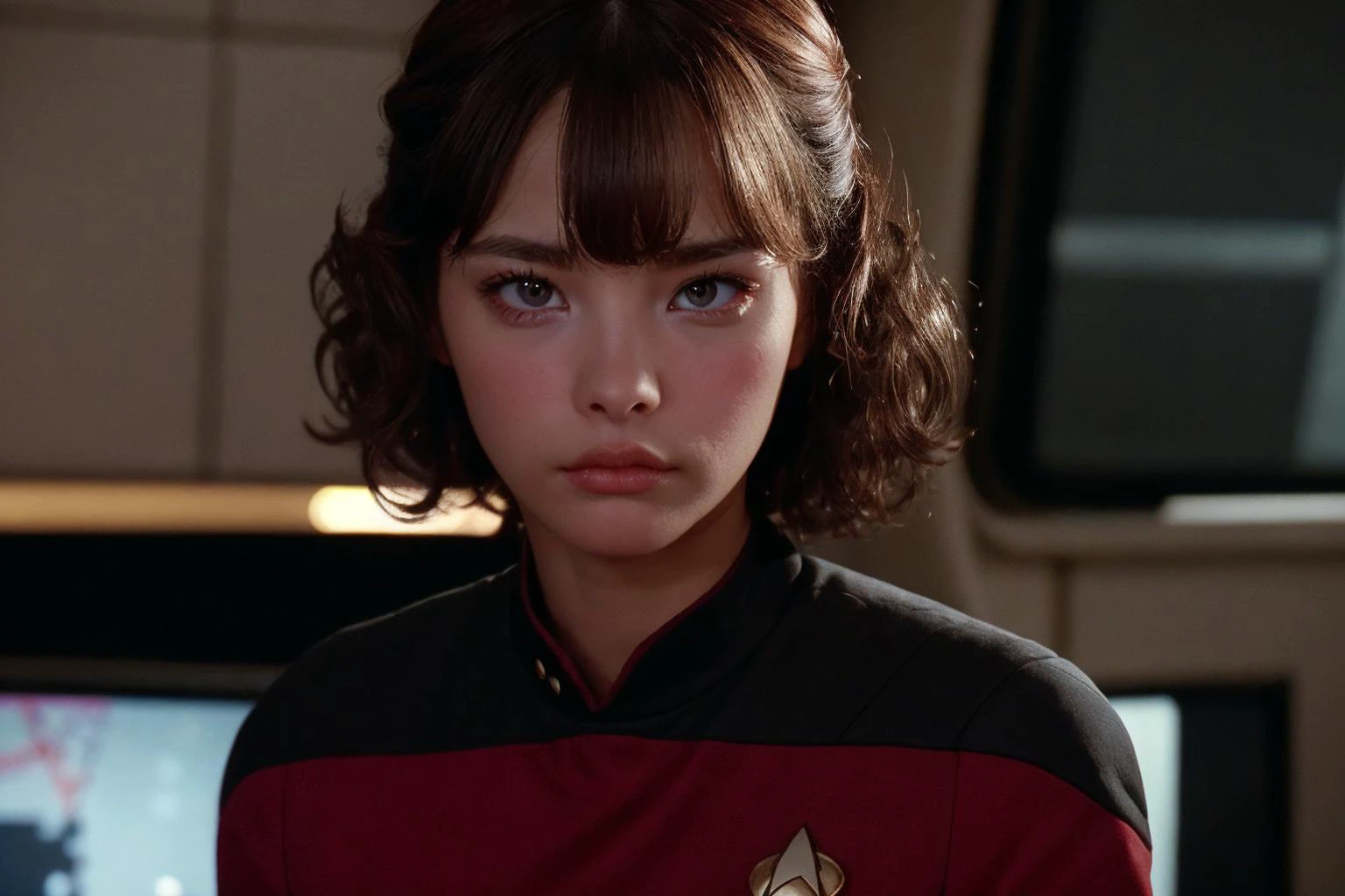 35mm action still frame of young female ensign facing viewer, beautiful girl, perfect face, cute, perfect dark brown eyes, s3stngunf uniform, red and black uniform, determined facial expression, authoritative, (confident woman:1.2), closed mouth, pouty lips, curly hair, teased hair,  star trek enterprise ship interior location, movie still during action sequence, t0talr3call, film screencap, Zeiss Super Speed Lens, medium shot, upper two thirds body view, star trek consoles in the background, (HDR:1.2), (dark:1.2), (moody:1.1), (atmospheric:1.1), (film grain, high contrast, depth of field, (bokeh:1.3), ultra high res:1.1),(absurdres, intricate, photorealistic, masterpiece, ultra-detailed:1.1),  