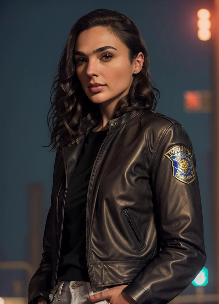 Portrait of gldot as a beautiful female model, georgia fowler, beautiful face, with short dark brown hair, in cyberpunk city at night. She is wearing a leather jacket, black jeans, dramatic lighting, (police badge:1.2)