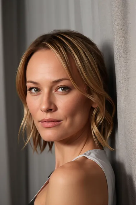 a close up of a woman leaning against a wall with a curtain