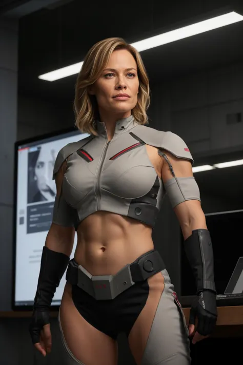 BMAIW,  cyborg woman solider, standing in the command center with a gun, cinematic, high detail, masterpiece <lora:BMAIW_sd15_scaled_128:0.75>