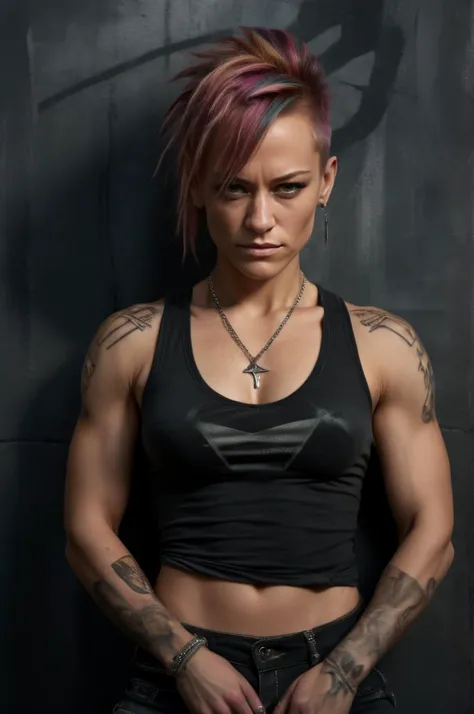 BMAIW, woman in punk outfit, colored Mohawk hair, muscular, abs, tank top, crossed arms, angry loos, chain necklace, tattoos, at...
