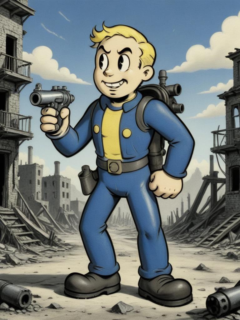 A cartoon character holding a gun in a destroyed city - SeaArt AI