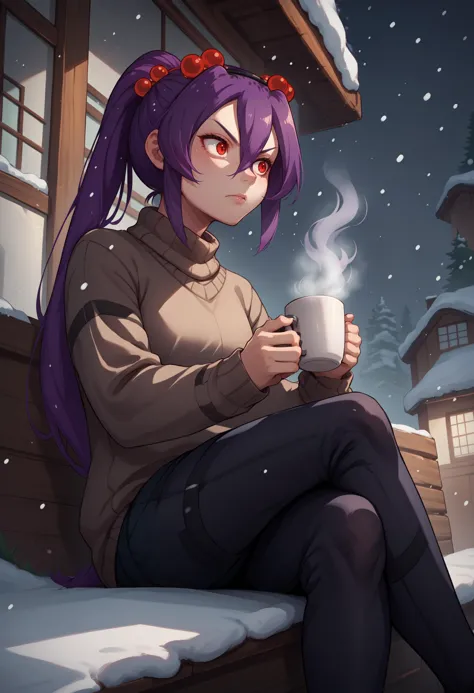 score_9, score_8_up, score_7_up, source_anime, 1girl, solo,  <lora:Spiderchan_XLPD:0.7>, Spider-chan, purple hair, red eyes, ponytail, hair ornament, hair between eyes, hair bobbles, long hair, bangs, turtleneck sweater, coffee, coffee mug, sitting, crossed legs, winter, outdoors, snowing, steam, looking to the side, full body, from below,