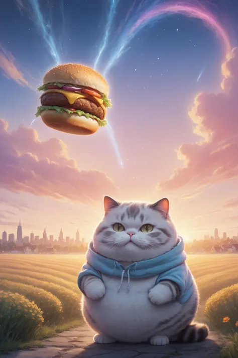 cosmic canvas,(city background:1.3), flawless, clean, masterpiece, painting of a chubby cat, wearing hoodie, holding burger, lig...