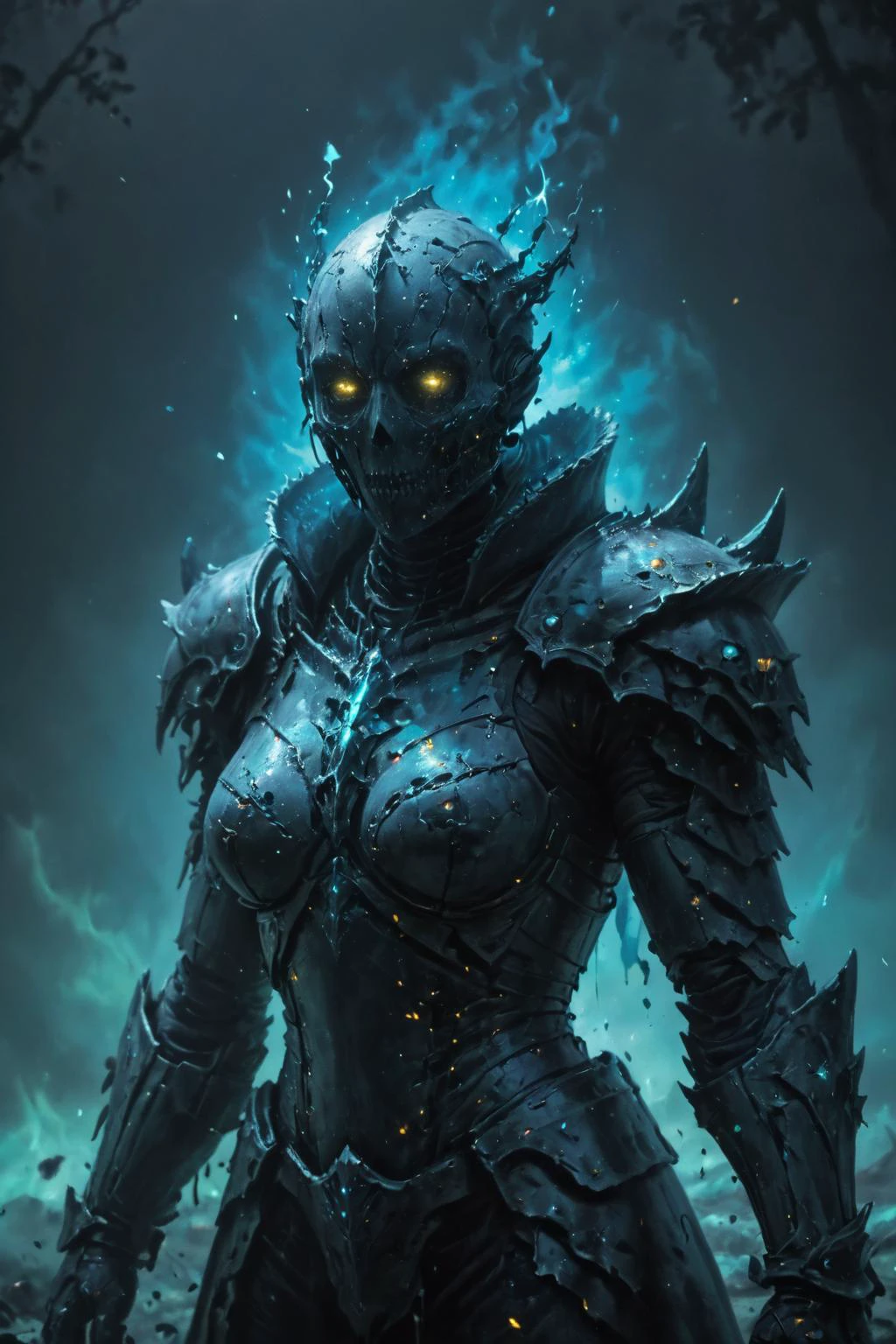 cosmic canvas, masterpiece, professional artwork,  haunted mansion background, night time, bioluminescent armor, ((portrait of a powerful death knight)),  bioluminescent paint splatter, upper body portrait,  light fog,