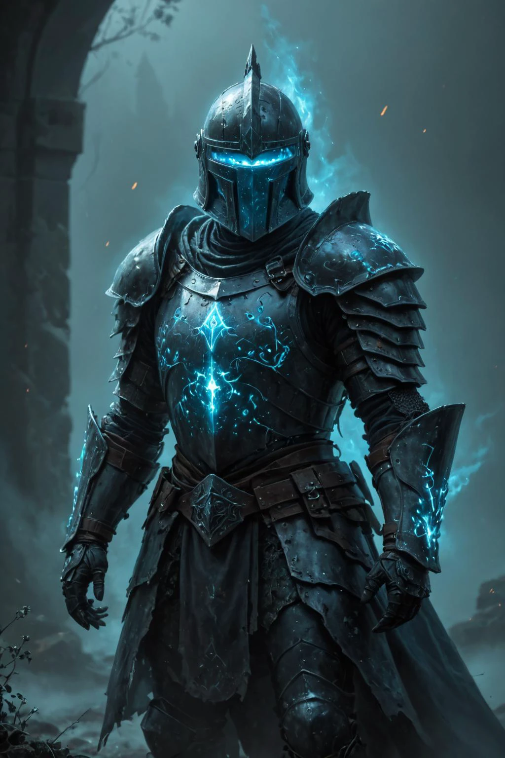 cosmic canvas, masterpiece, professional artwork,  haunted castle background, night time, bioluminescent armor, ((portrait of a powerful ghostly knight)),  (bioluminescent rune engravings on armor:1.3), upper body portrait,  light fog, wearing full plate armor,  great helmet, buttshed
