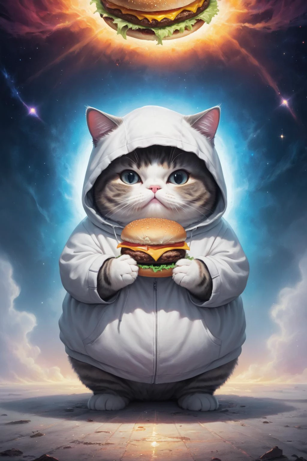 lienzo cósmico,(Trasfondo distópico:1.3), impecable, limpio, Obra maestra, cuadro de un gato gordito, Usando sudadera con capucha, sosteniendo hamburguesa, Niebla ligera,   