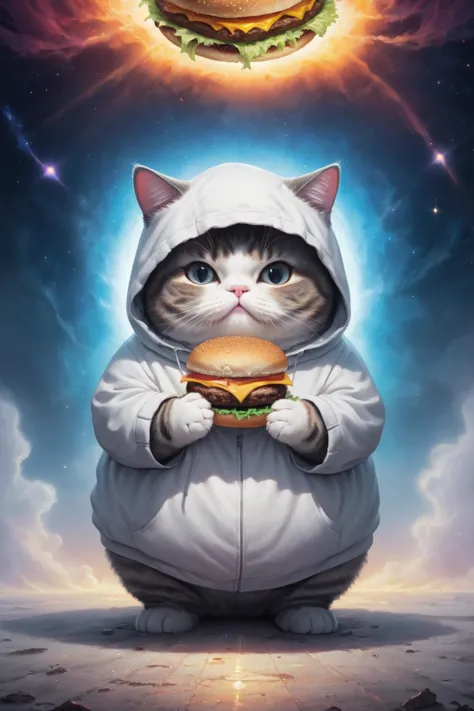 cosmic canvas,(dystopian background:1.3), flawless, clean, masterpiece, painting of a chubby cat, wearing hoodie, holding burger...