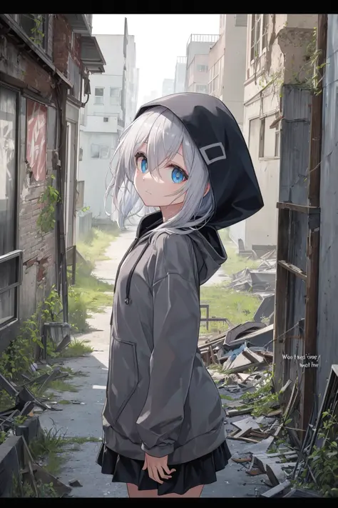 Little girl,loli:1.4, letterboxed, long hair, solo, looking at viewer, hair, eyes,hood up, bangs, hood, horns, short hair, hoodie, small breasts,bottomless, ((english text on center)), ((text)),game screen,CG,robot,debris,wreckage, beautiful world, beautif...