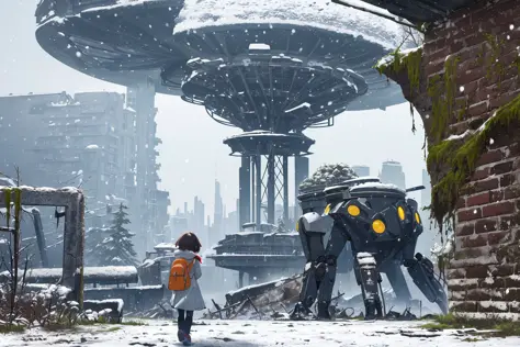 pokemon (creature),building, snow, ((ruins)), moss,robot, outdoors, standing, poster (medium), walking, scenery, science fiction, snowing, back view, detailed background,little girl,wide shot,