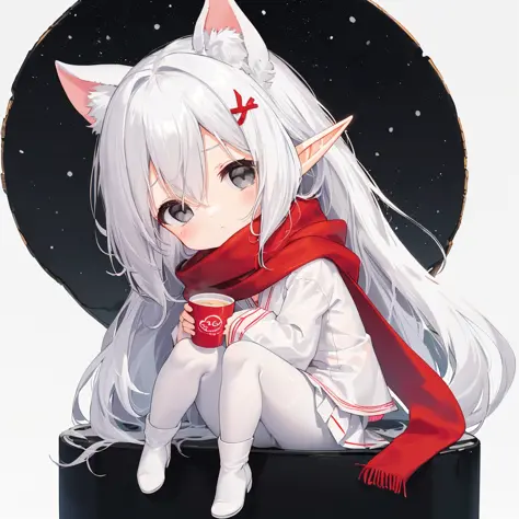 Simple background, ((white background)),  pointy ears,((snowy elf)),Loli, toddler,6yo, ((((chibi))),sticker style, child body,flat chest,(cute little girl with a red scarf), white hair,(( grey eyes)), white coat, white skirt, ((white pantyhose)), white fur...
