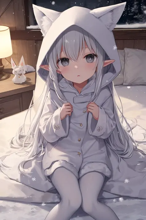 Masterpiece, depth of field, beautiful light and shadow, pointy ears,futon, tight, sitting on bed,one hand on tight ,((snow elf)),(Loli:1.4),kawaii, toddler,3yo, flat chest, ((night)), white hair,(( grey eyes)), white  fur coat, white pajama, ((white panty...